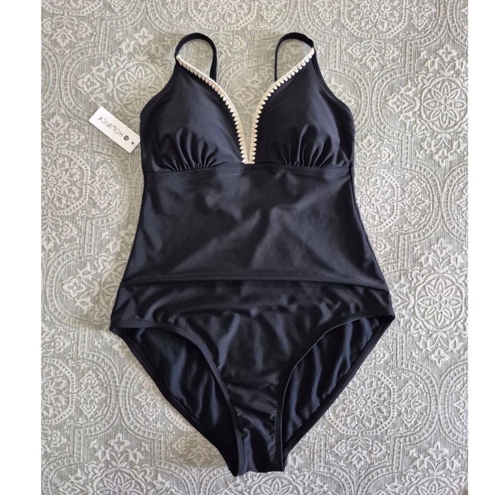 Holipick Womens Black One Piece Swimsuit Crochet V Neck Padded NWT Size L